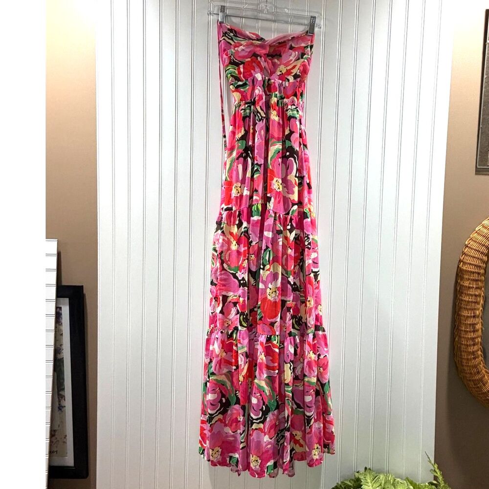 Cottagecore Floral Strapless Maxi Dress Corset Back Pink XS